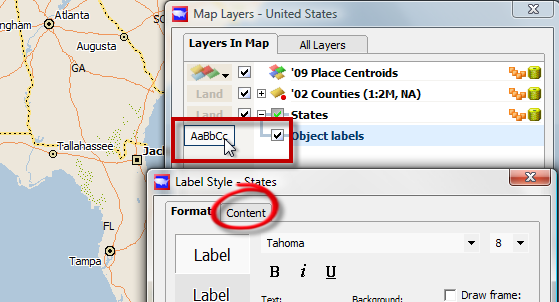 Either the tools menu or the "AaBbCc" button brings up the Label Style selector