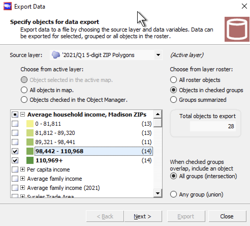 Objects in selected groups filter for Export Data