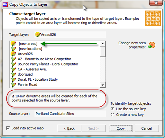 Choose 'new areas' as target layer to create drivetimes based on your points