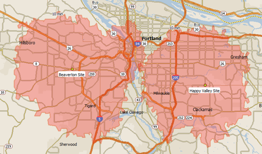 Drivetime contours around Beaverton and Happy Valley