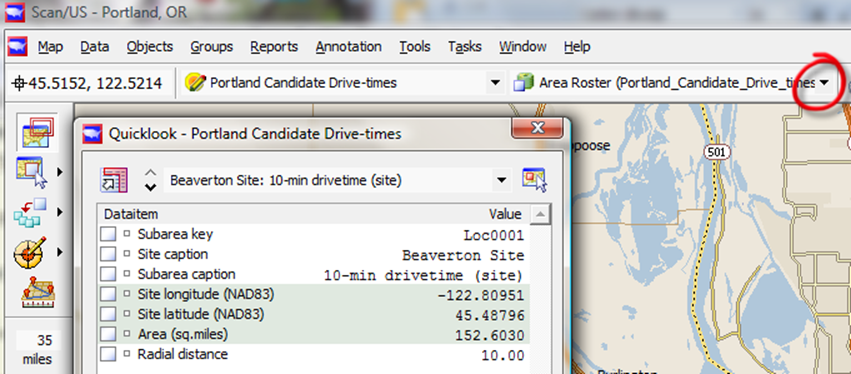 Quicklook showing: Layer roster of drivetimes layer