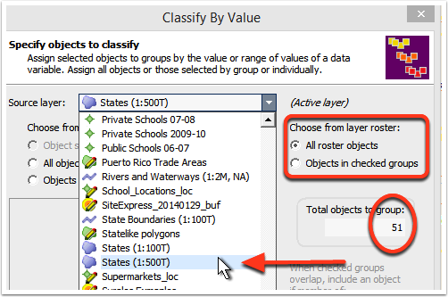 Specify objects to classify by choosing source layer