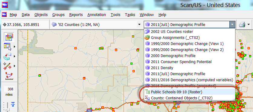 Public schools datalist shown on counties layer