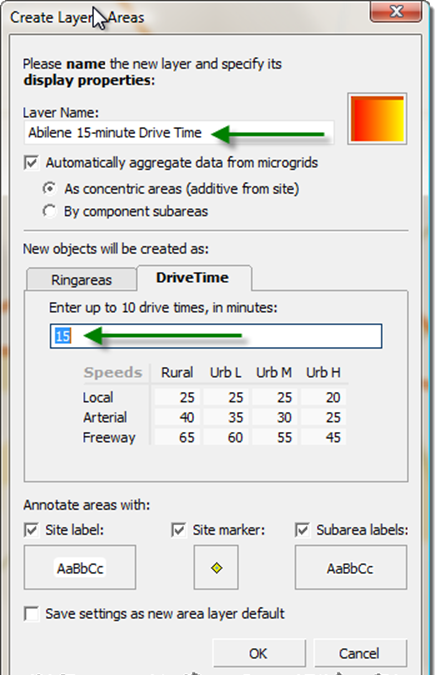 Create Layer Areas: DriveTime Tab