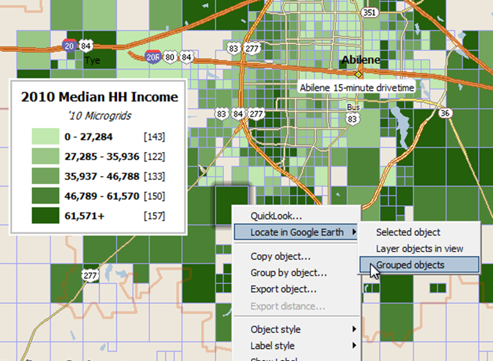 Right-click, locate in Google Earth, Grouped objects