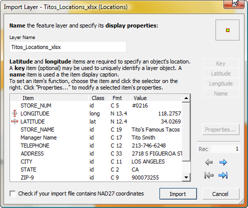 Notice that the Latitude and Longitude 'roles' have been pre-assigned for you.