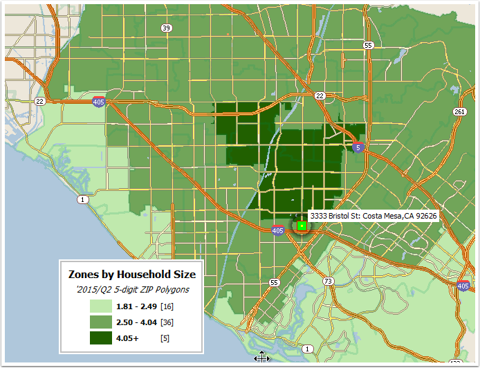 Grouping of ZIP codes with the name "Zones by Household Size". Each group is named according to a numbered range of household size