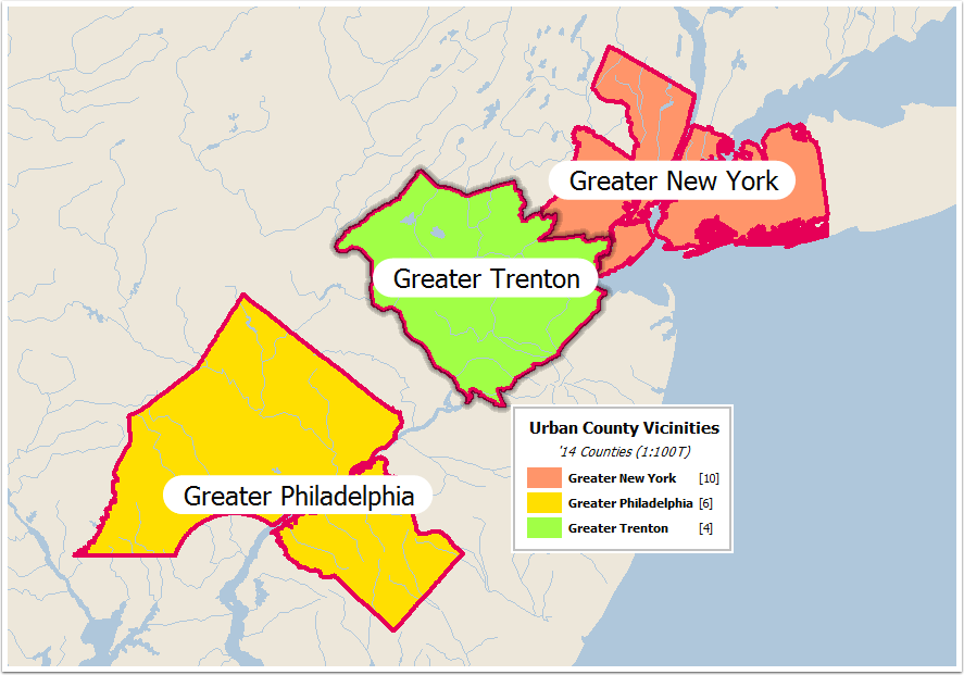 Example map of three areas based on three groups of counties.