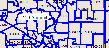 Map of Akron showing tracts (blue) and counties (purple)