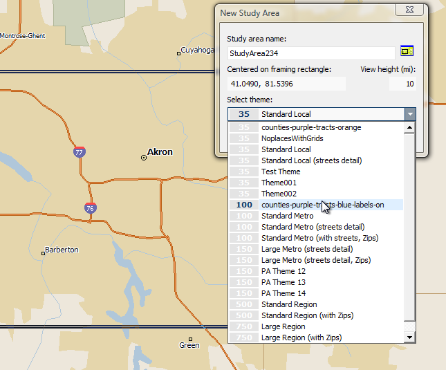 Map of Akron showing interstates and hydrography