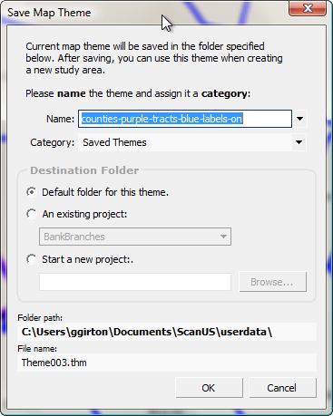 Save Map Theme, showing user-defined name