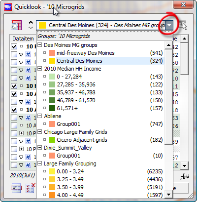 Quicklook Group dropdown