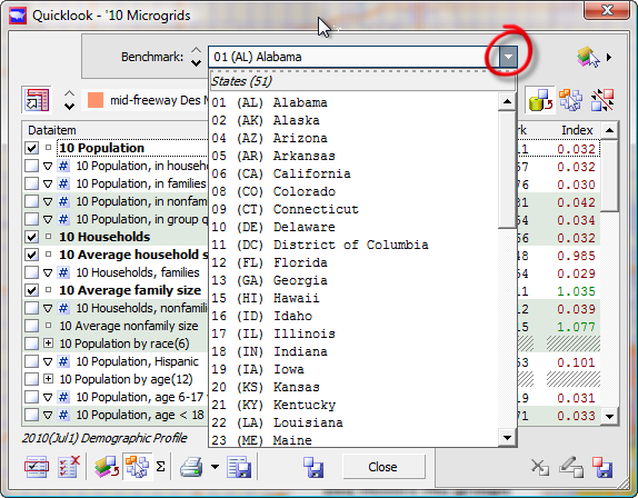 Quicklook select a different benchmark to compare