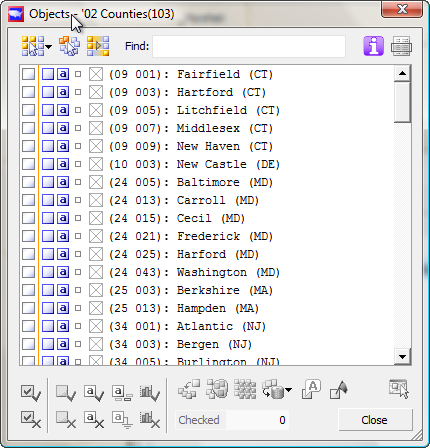 check selected (red), act on checked (blue), select in map(green)