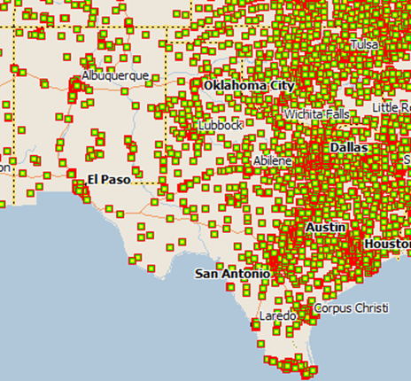 Zoomed in on branch locations in part of Texas