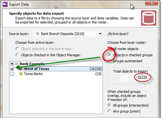 Export data, objects in checked groups