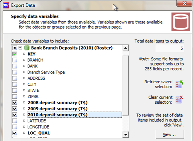 Specify data variables: KEY and deposit summaries