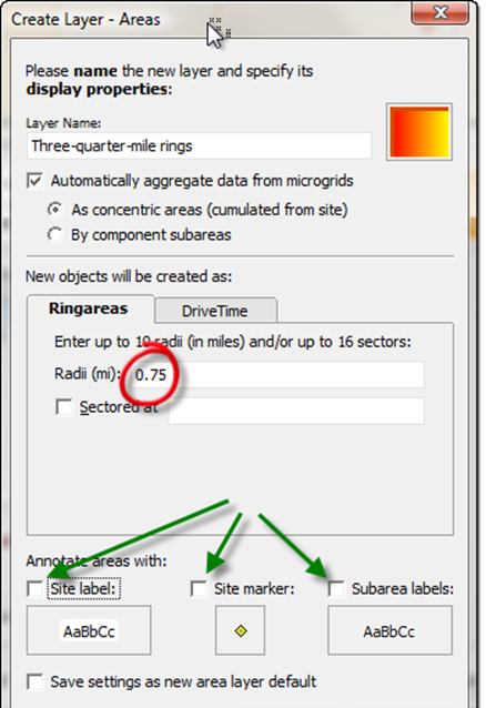 Make a three-quarter-mile ring (red circle), with no labels (green arrows)