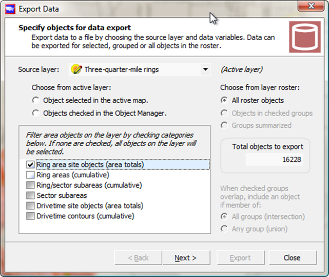 Just choose the ring area site object to get the data