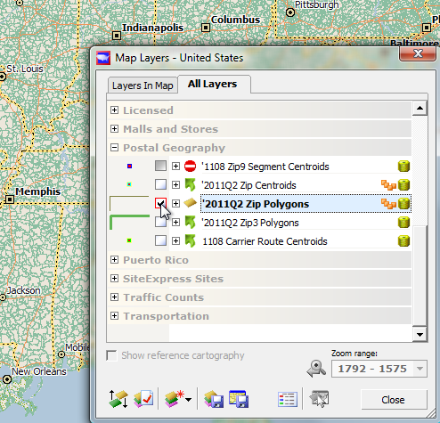 Map layers dialog: adding ZIP polygons to the map.