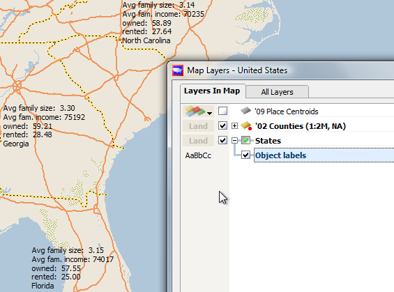 The resulting map shows the data variables for each object