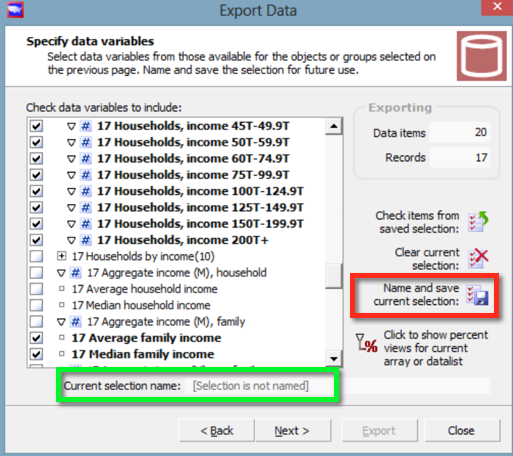 Choose the specific data items