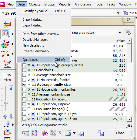 Choose Quicklook to see demographic data for the current object.