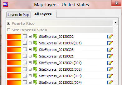 Map Layers dialog showing SiteExpress Sites layers