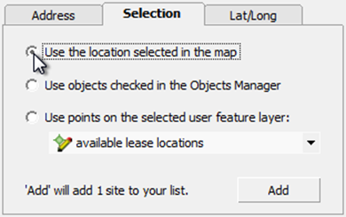 "Selection" tab: use object selected in map