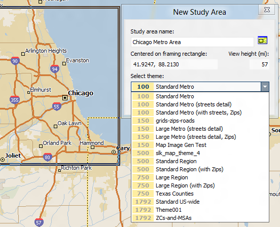 New study area dialog, showing available pre-defined themes