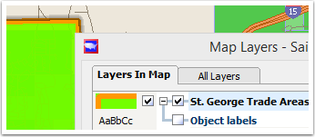 Map Layers dialog, showing label checkbox