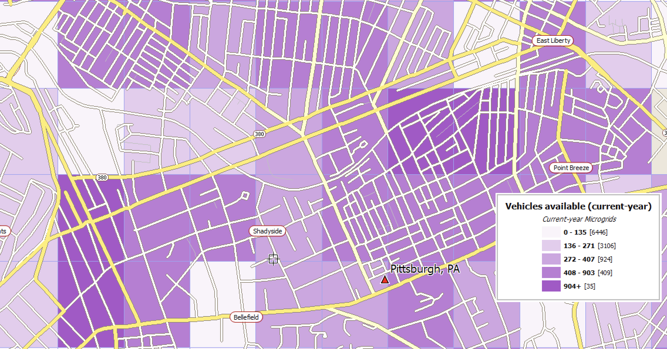 Trade area in Pittsburgh showing grids with many vehicles